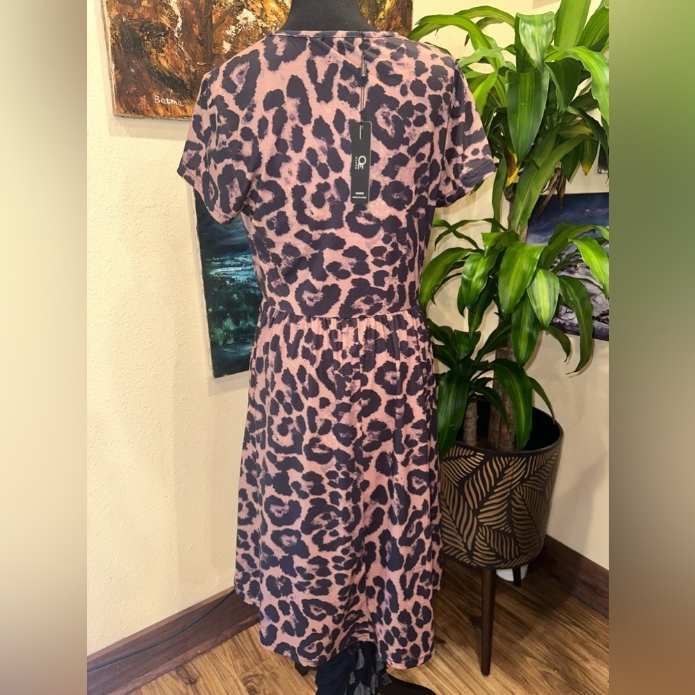 NWT Ouges Women's Animal Print Faux Wrap Band Waist Brown Cocktail Dress Sz L - Picture 7 of 10